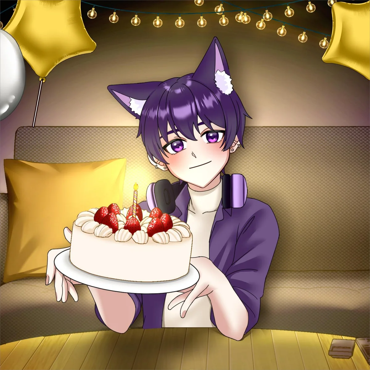 Alfrendous 的紫发猫耳角色戴着耳机，捧着生日蛋糕